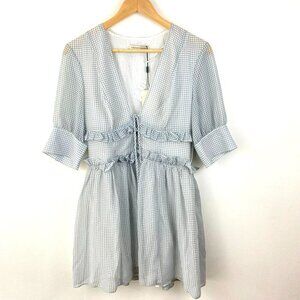 The East Order Willa Mini Dress $189 Size‎ Medium Gray Check Ruffles Sheer NEW